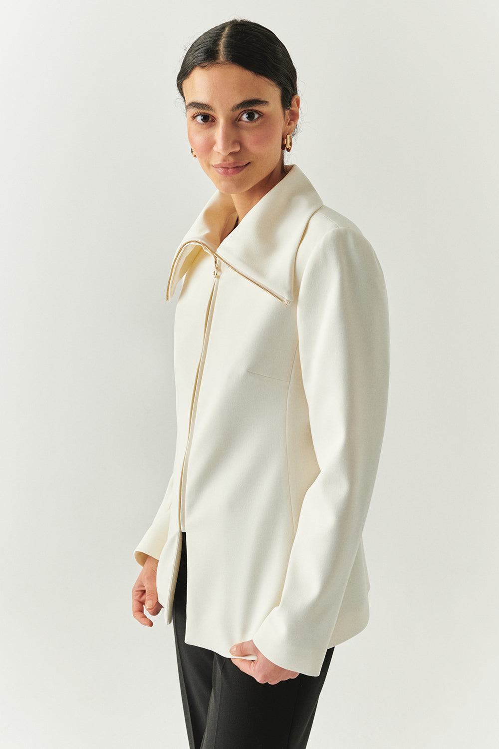 Erkek Yaka Fermuarlı Slim Fit Krem Ceket