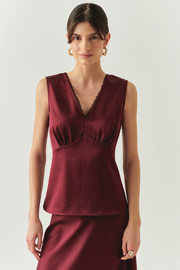 V Yaka Slim Fit Saten Görünümlü Vişne Bluz