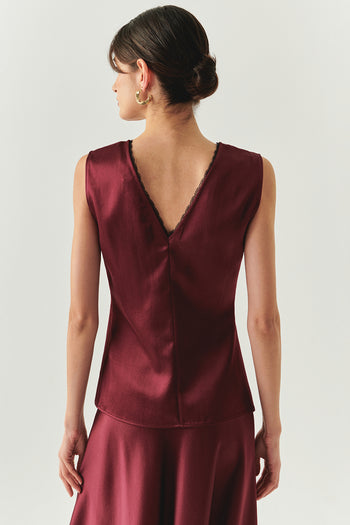 V Yaka Slim Fit Saten Görünümlü Vişne Bluz