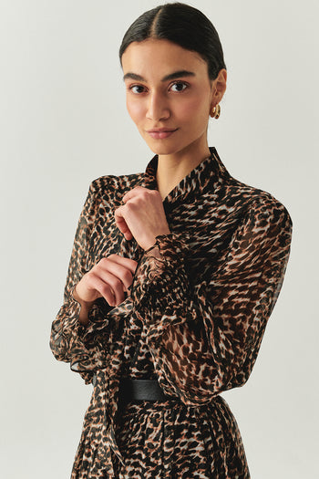 Leopar Desen Fular Yakalı Astarlı Regular Bluz