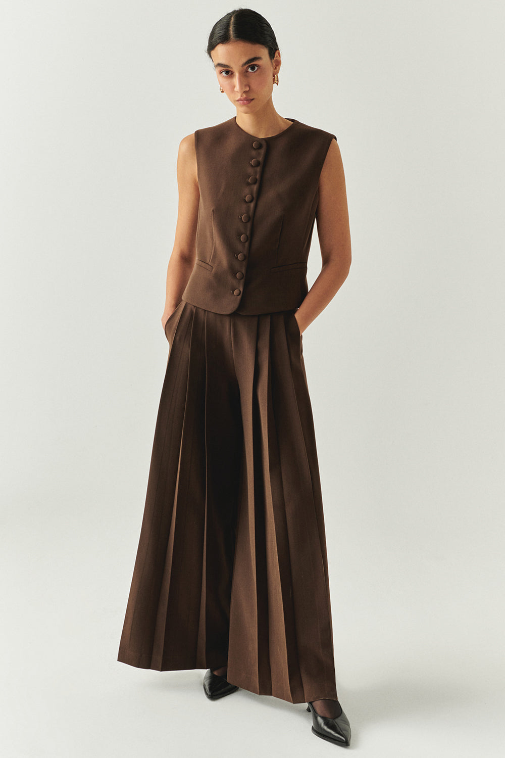 Pileli Yüksel Bel Geniş Paçalı Regular Cepli Kahve Pantolon