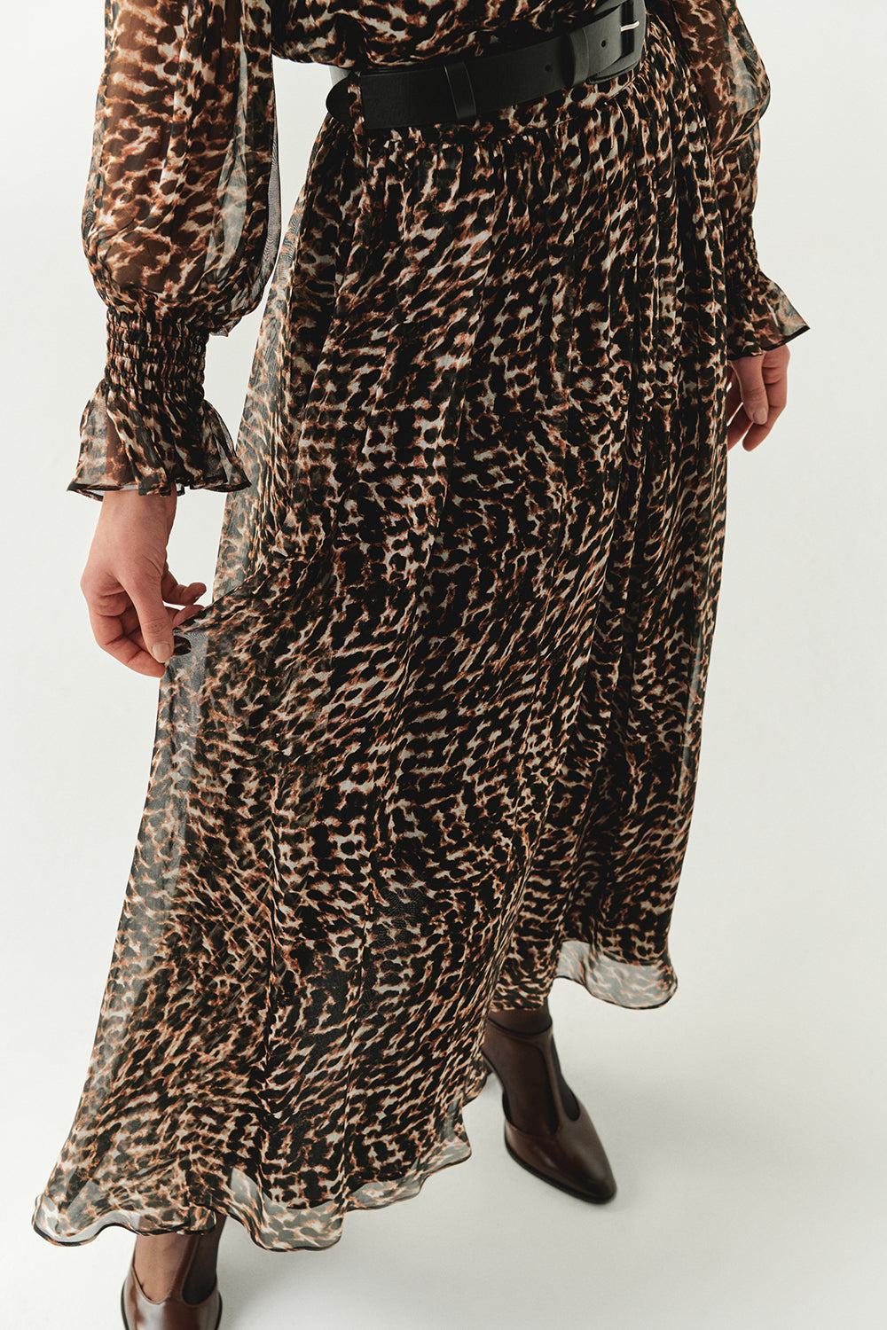 Leopar Desenli Astarlı Kemerli Regular Midi Etek
