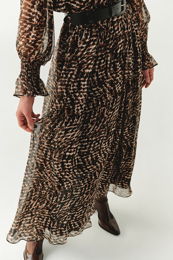 Leopar Desenli Astarlı Kemerli Regular Midi Etek