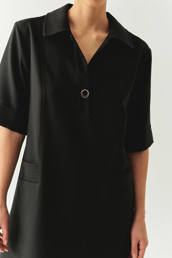 Gömlek Yaka Kısa Kollu Oversize Cepli Siyah Mini Elbise