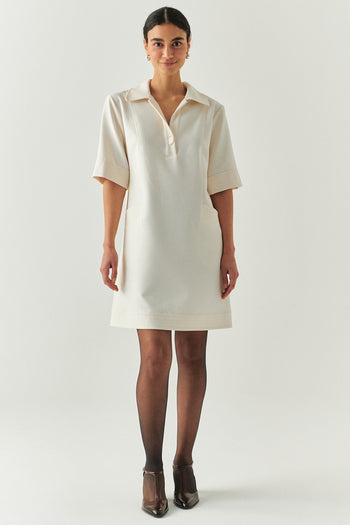 Gömlek Yaka Kısa Kollu Oversize Cepli Krem Mini Elbise