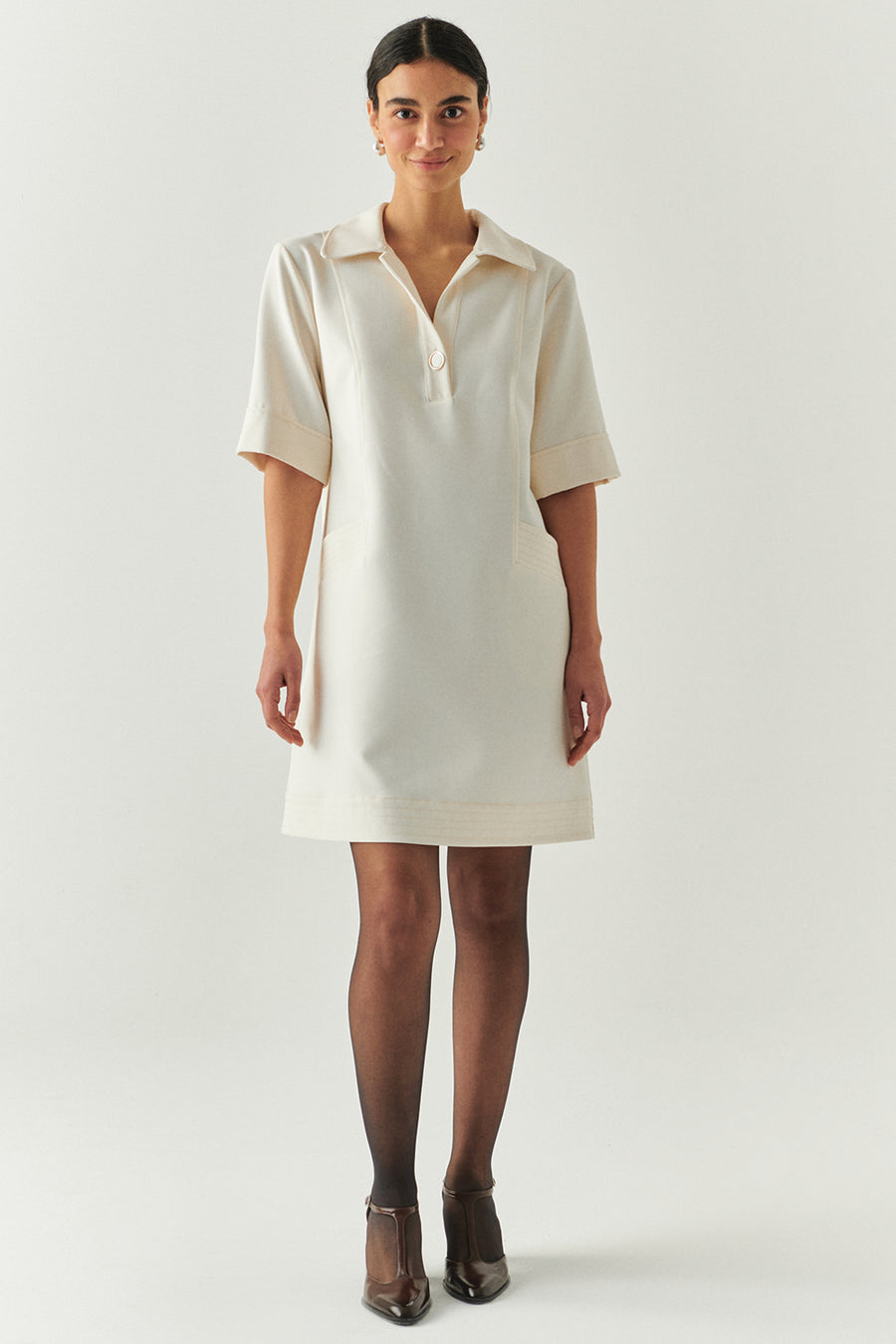 Gömlek Yaka Kısa Kollu Oversize Cepli Krem Mini Elbise