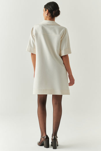 Gömlek Yaka Kısa Kollu Oversize Cepli Krem Mini Elbise