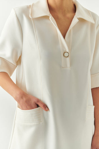 Gömlek Yaka Kısa Kollu Oversize Cepli Krem Mini Elbise