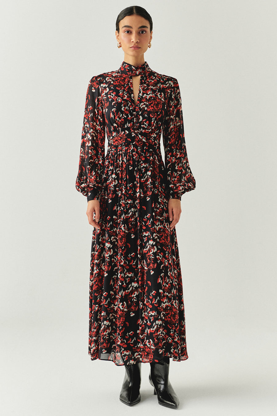 Desenli Uzun Kollu Damla Yaka Slim Fit Astarlı Midi Elbise