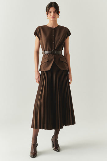Bisiklet Yaka Kemerli Plisoley Slim Fit Midi Kahve Elbise