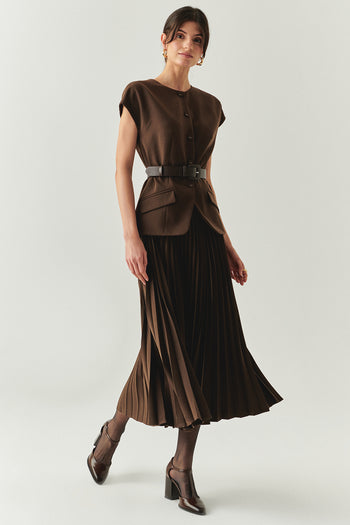 Bisiklet Yaka Kemerli Plisoley Slim Fit Midi Kahve Elbise