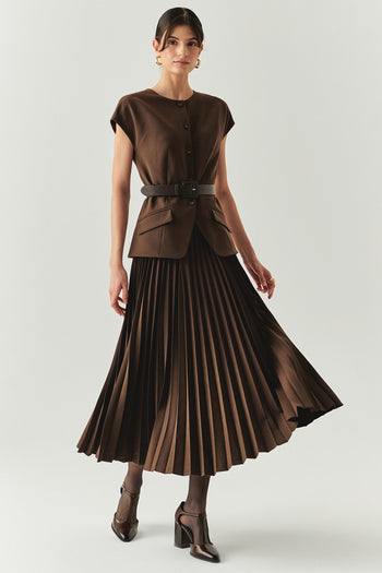 Bisiklet Yaka Kemerli Plisoley Slim Fit Midi Kahve Elbise