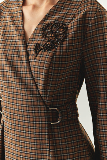 Ekose Beli Kemer Detaylı Anvelop Slim Fit Çok Renkli Midi Elbise