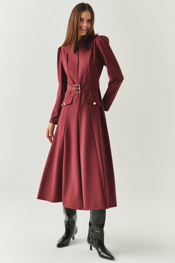 Önden Fermuarlı Kemerli Uzun Kol Slim Fit Vişne Midi Elbise