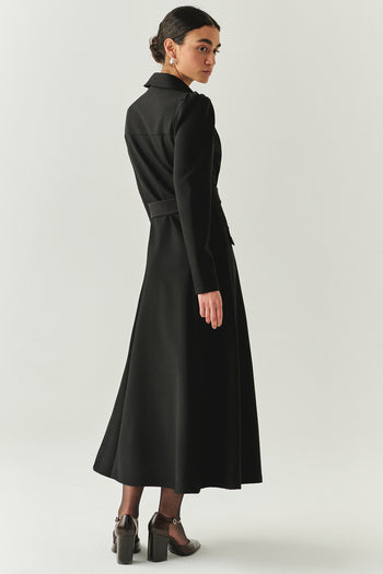 Önden Fermuarlı Kemerli Uzun Kol Slim Fit Siyah Midi Elbise