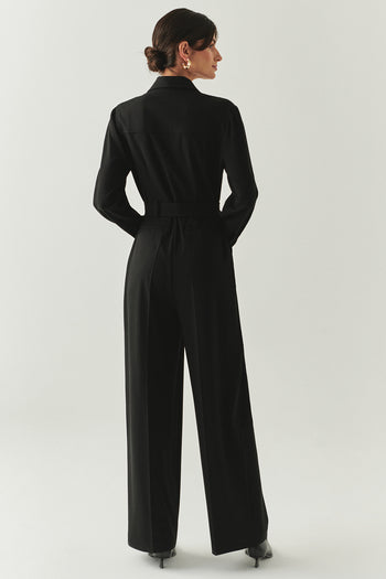 Uzun Kollu Ceket Yaka Cepli Kemerli Slim Fit Siyah Tulum