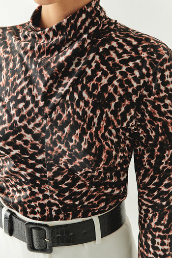 Leopar Desenli Boğazlı Slim Fit Uzun Kollu Örme Bluz