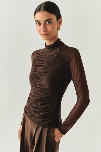 Boğazlı Drapeli Uzun Kollu Slim Fit Kahve Tül Bluz