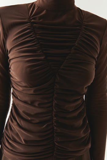 Boğazlı Drapeli Uzun Kollu Slim Fit Kahve Tül Bluz