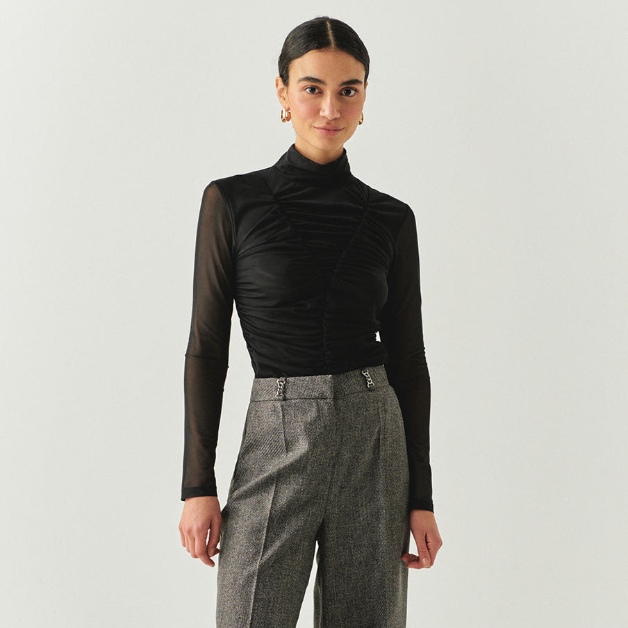 Boğazlı Drapeli Uzun Kollu Slim Fit Siyah Tül Bluz