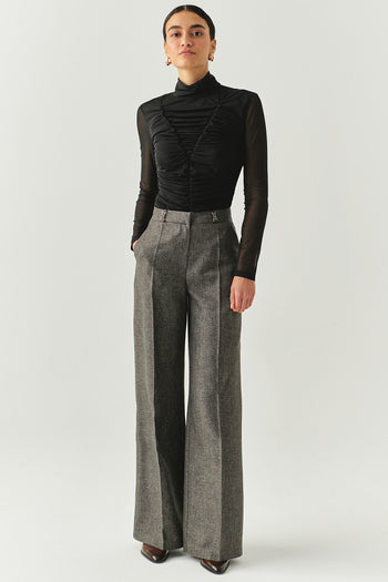 Boğazlı Drapeli Uzun Kollu Slim Fit Siyah Tül Bluz