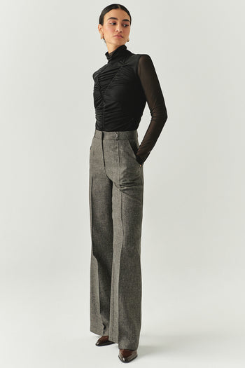 Boğazlı Drapeli Uzun Kollu Slim Fit Siyah Tül Bluz