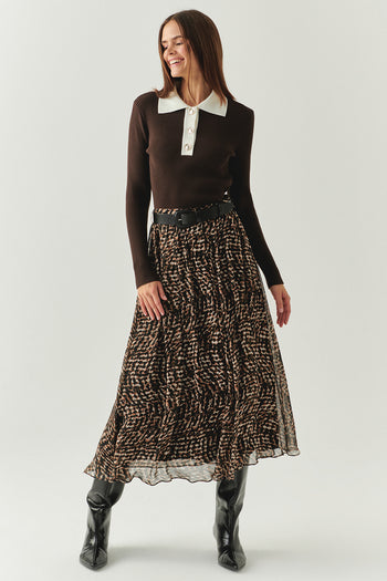 Uzun Kollu Kontrast Yaka Slim Fit Triko Kahve Bluz