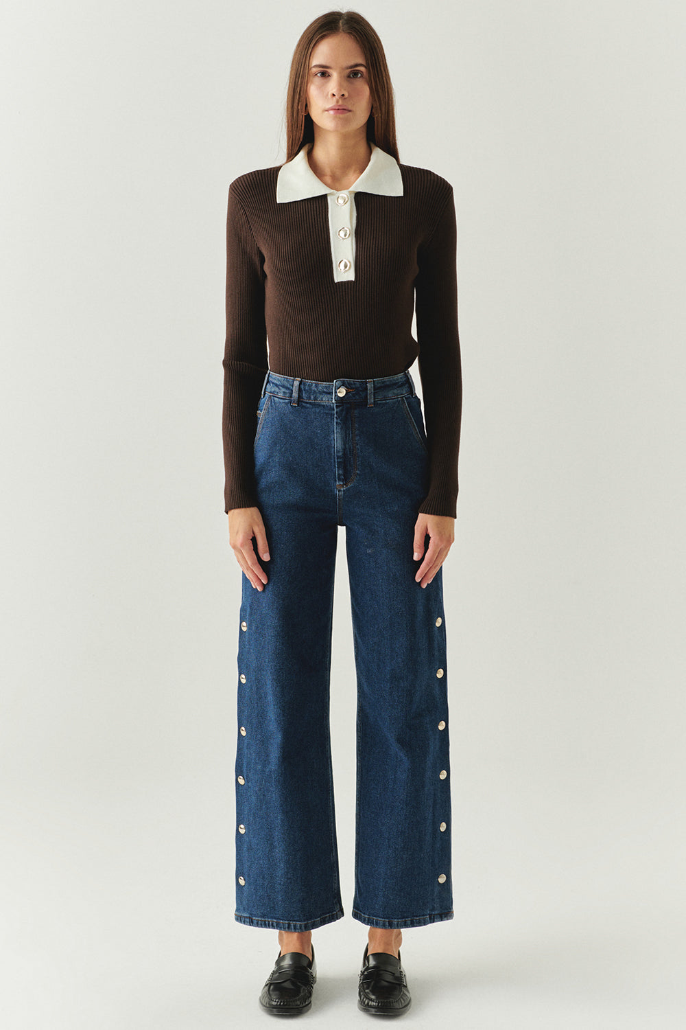 Uzun Kollu Kontrast Yaka Slim Fit Triko Kahve Bluz