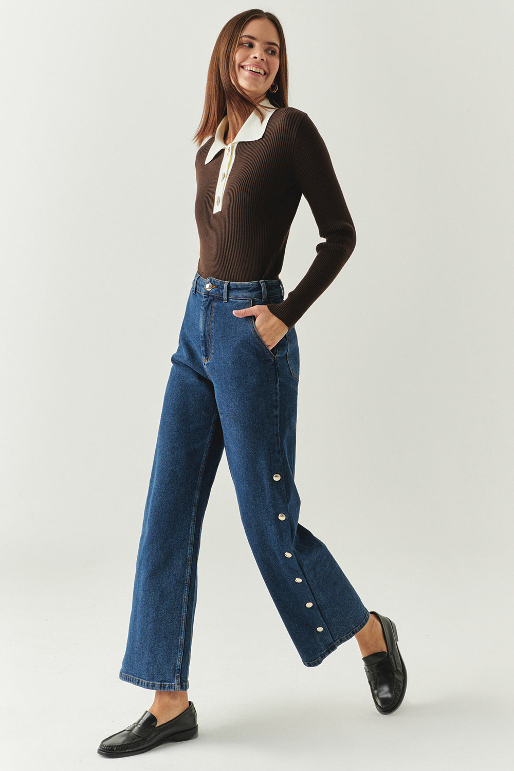 Uzun Kollu Kontrast Yaka Slim Fit Triko Kahve Bluz