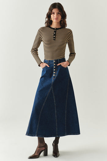 Pamuklu Cepli Denim Regular Midi İndigo Etek