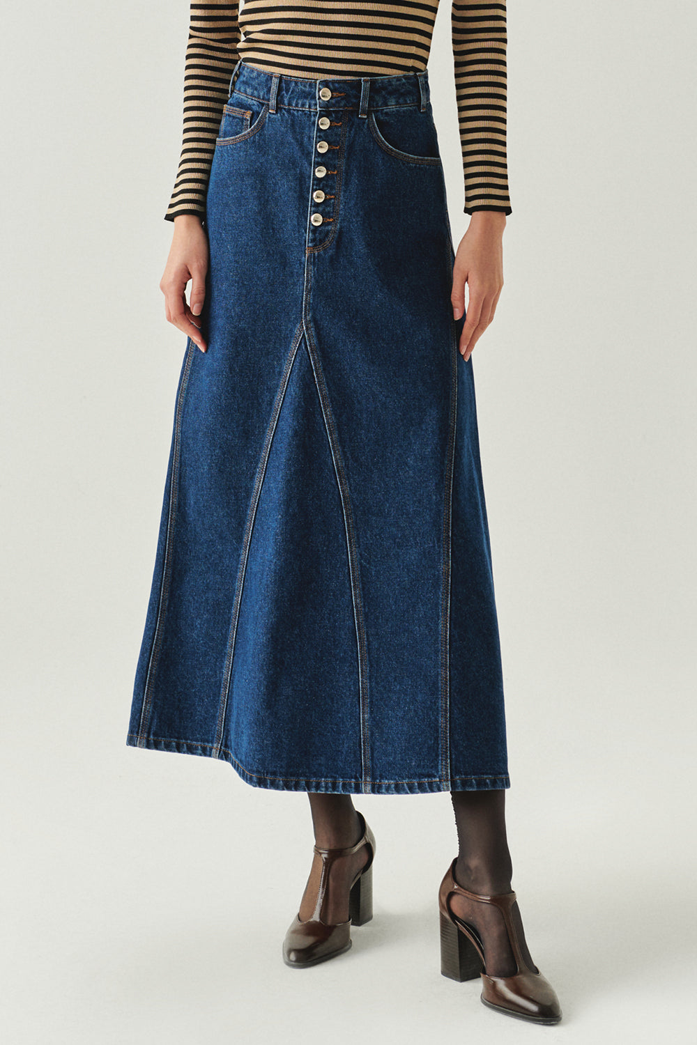 Pamuklu Cepli Denim Regular Midi İndigo Etek