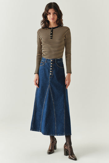 Pamuklu Cepli Denim Regular Midi İndigo Etek