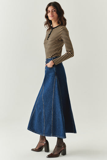 Pamuklu Cepli Denim Regular Midi İndigo Etek