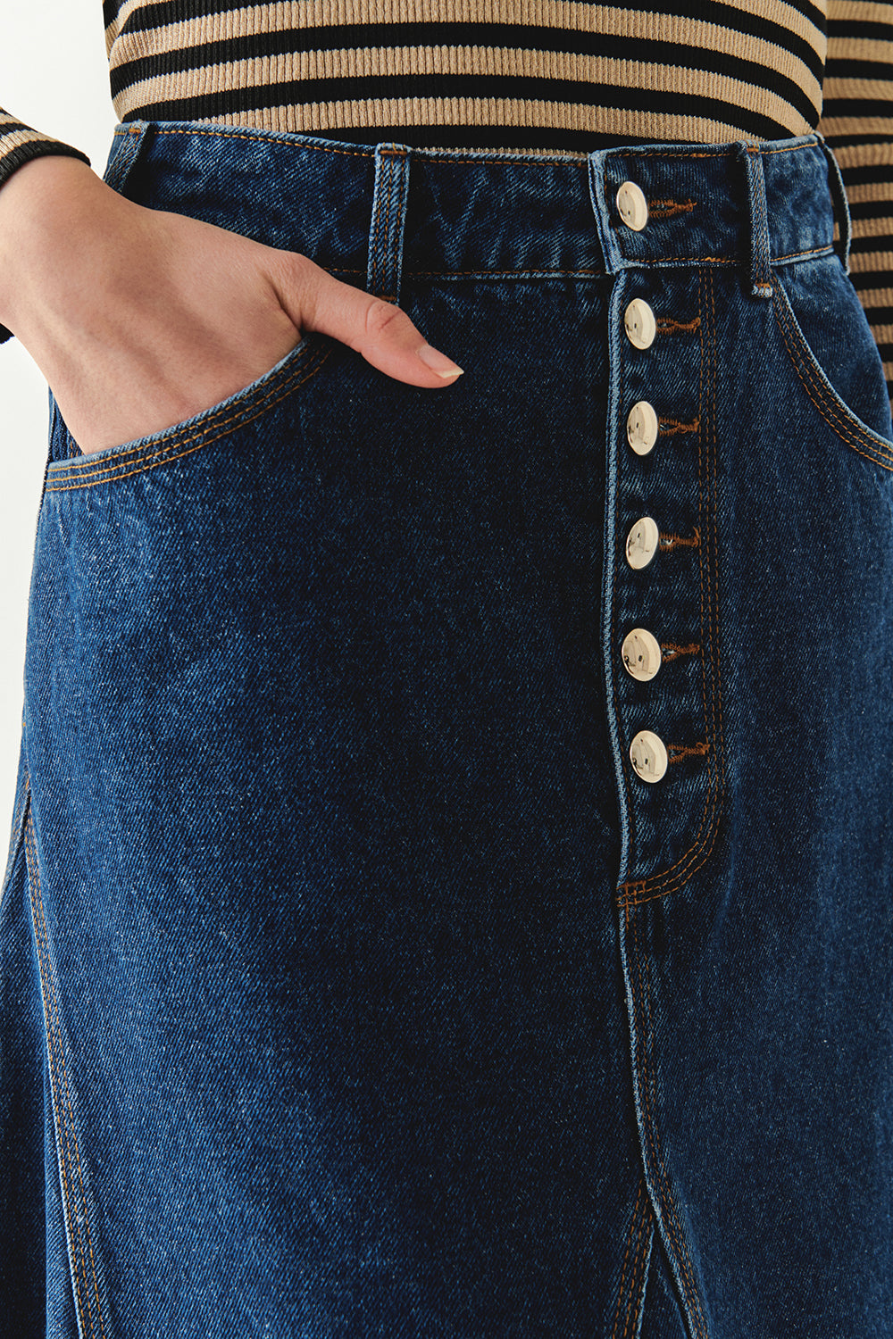 Pamuklu Cepli Denim Regular Midi İndigo Etek