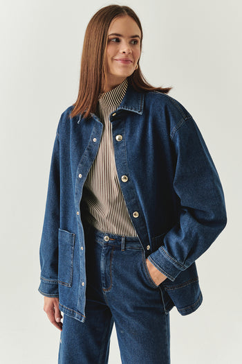 Metal Düğme Detaylı Regular Cepli Denim İndigo Ceket