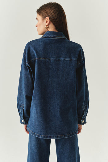 Metal Düğme Detaylı Regular Cepli Denim İndigo Ceket