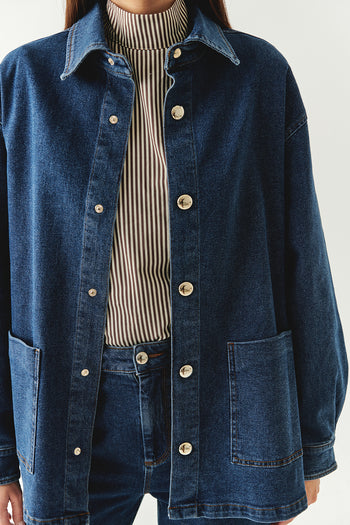 Metal Düğme Detaylı Regular Cepli Denim İndigo Ceket