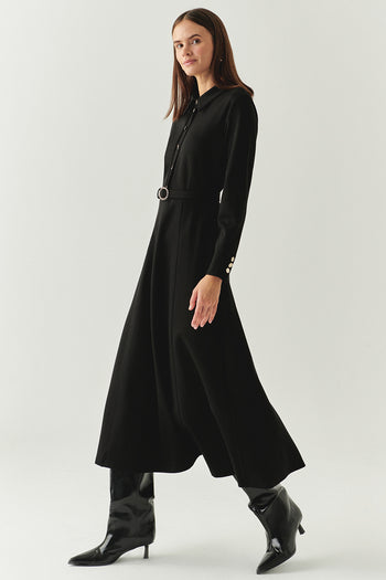 Kemerli Gömlek Yaka Cepli Slim Fit Midi Siyah Örme Elbise
