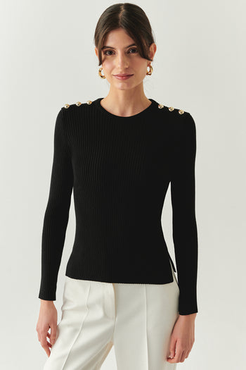 Bisiklet Yaka Uzun Kollu Düğme Detaylı Slim Fit Triko Siyah Bluz