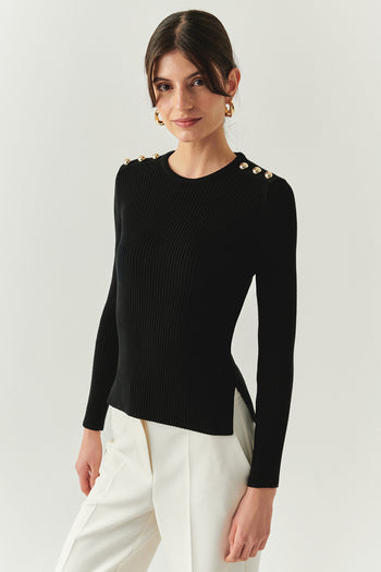 Bisiklet Yaka Uzun Kollu Düğme Detaylı Slim Fit Triko Siyah Bluz