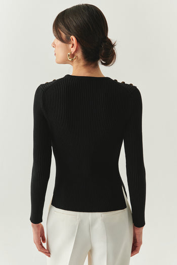 Bisiklet Yaka Uzun Kollu Düğme Detaylı Slim Fit Triko Siyah Bluz