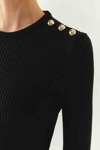 Bisiklet Yaka Uzun Kollu Düğme Detaylı Slim Fit Triko Siyah Bluz