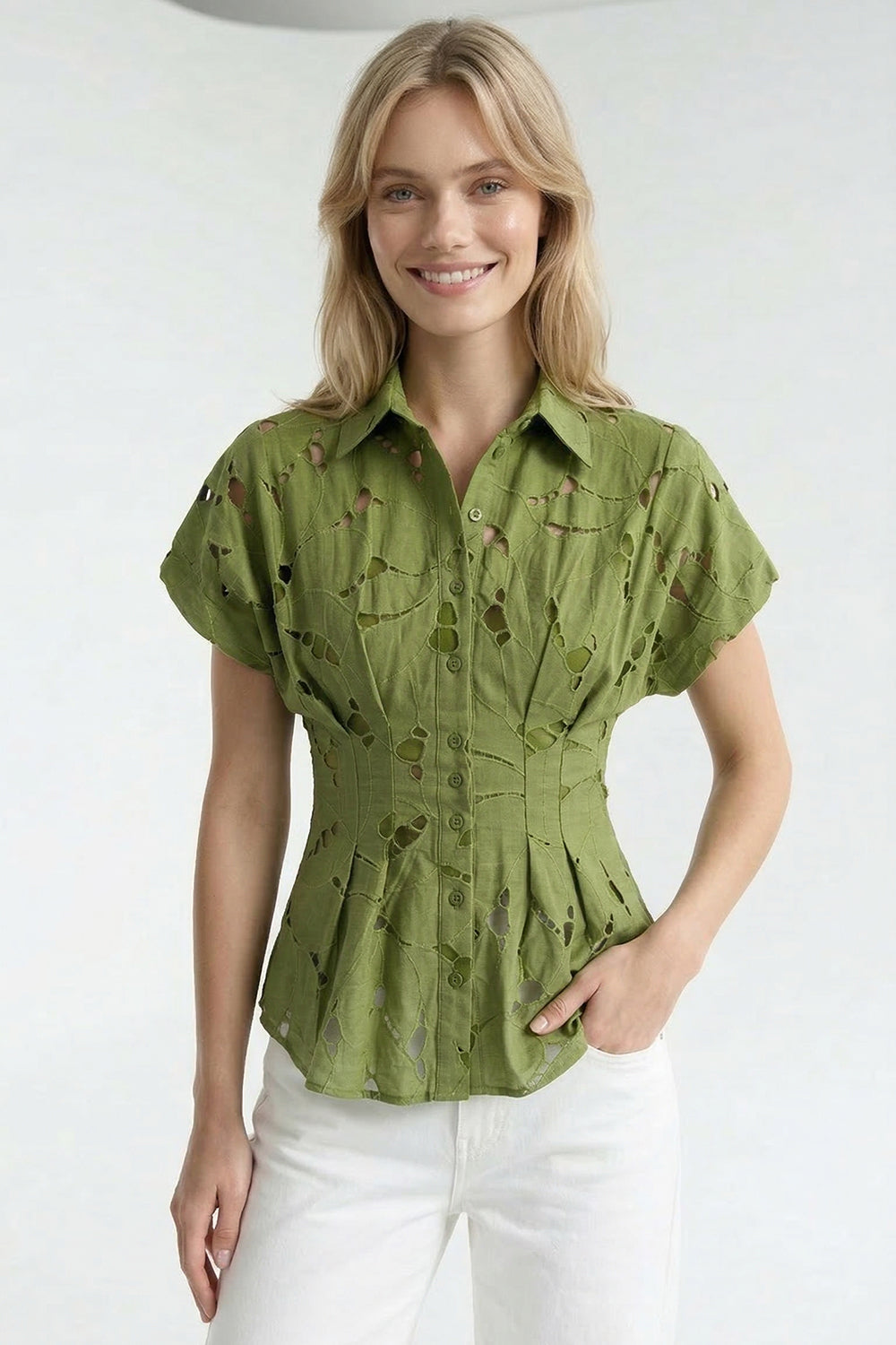 Gömlek Yaka Kısa Kollu Delikli Bele Oturan Regular Yeşil Gömlek