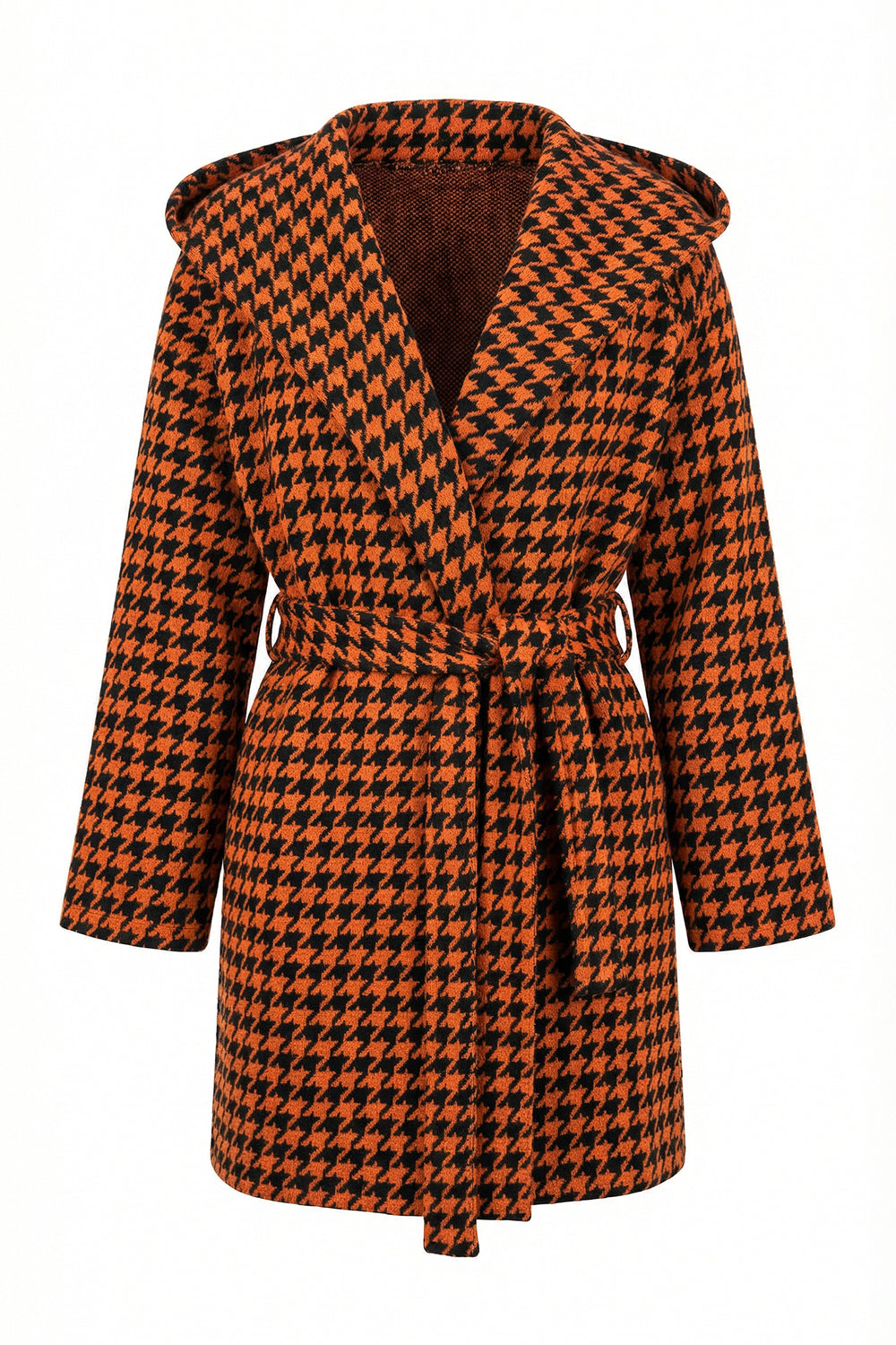 Kapüşonlu Belden Kuşaklı Cepli Regular Dokuma Kaban