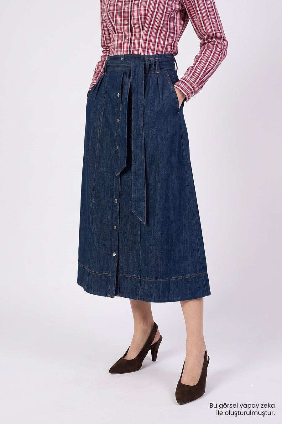 Yüksek Bel Kuşaklı Regular Denim Mavi Midi Etek