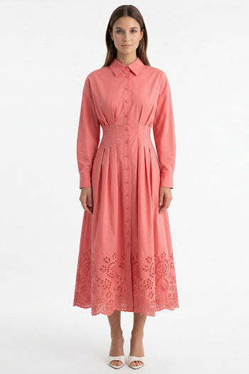 Bele Oturan Brodeli Regular Midi Gömlek Yaka Pembe Elbise