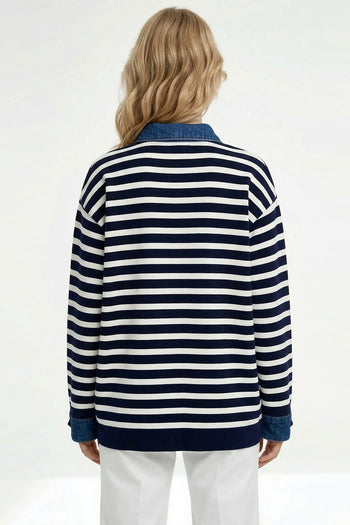 Uzun Kollu Düğmeli Oversize Triko Lacivert Beyaz Hırka