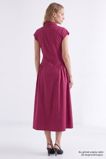 Düşük Kol Bele Oturan Slim Fit Midi Vişne Elbise
