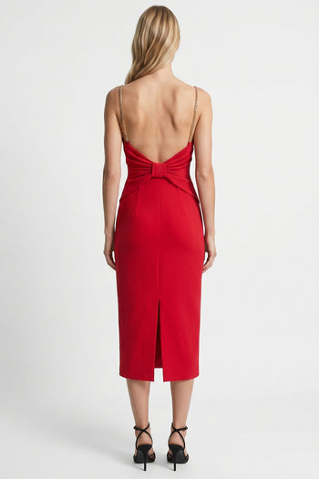 Zincir Askılı Yırtmaçlı Slim Fit Kırmızı Elbise