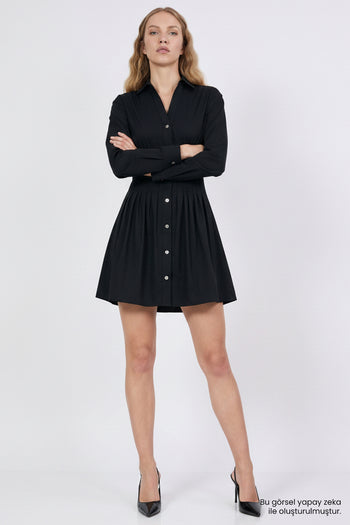 Bele Oturan Metal Düğmeli Slim Fit Mini Siyah Elbise